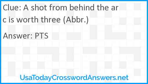 A shot from behind the arc is worth three (Abbr.) Answer