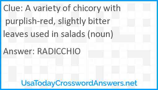 A variety of chicory with purplish-red, slightly bitter leaves used in salads (noun) Answer