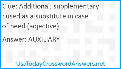 Additional; supplementary; used as a substitute in case of need (adjective) Answer