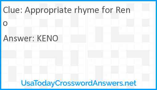 Appropriate rhyme for Reno Answer