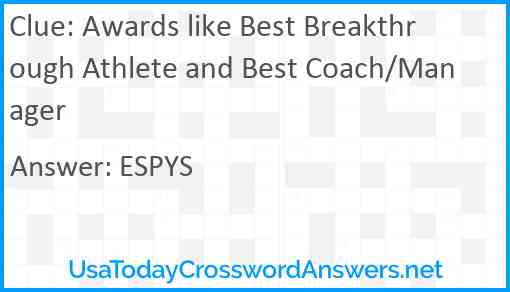 Awards like Best Breakthrough Athlete and Best Coach/Manager Answer