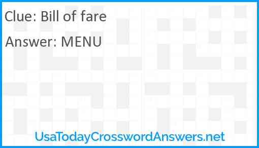 Bill of fare Answer