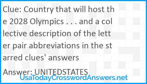 Country that will host the 2028 Olympics . . . and a collective description of the letter pair abbreviations in the starred clues' answers Answer