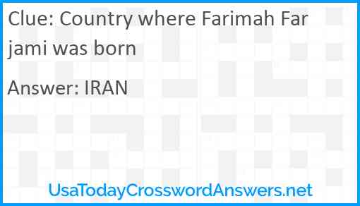 Country where Farimah Farjami was born Answer
