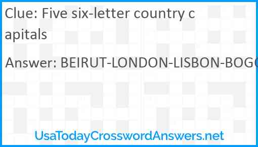 Five six-letter country capitals Answer