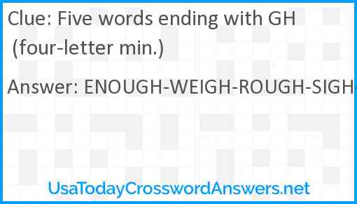Five words ending with GH (four-letter min.) Answer