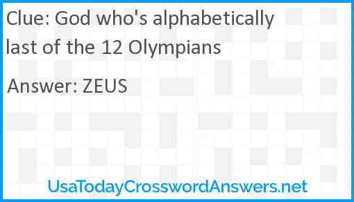 God who's alphabetically last of the 12 Olympians Answer