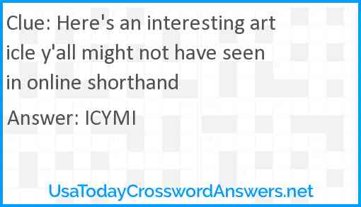 Here's an interesting article y'all might not have seen in online shorthand Answer