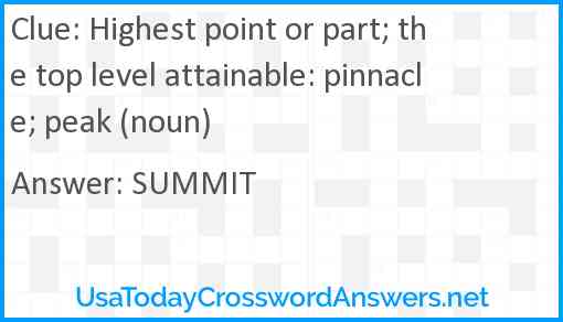 Highest point or part; the top level attainable: pinnacle; peak (noun) Answer