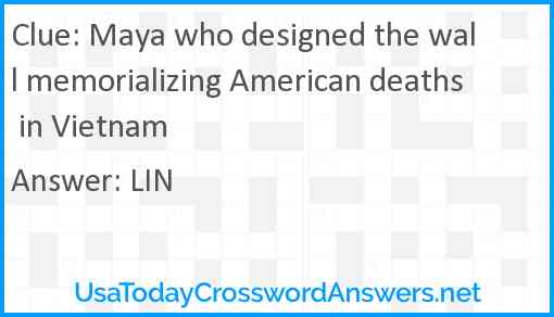 Maya who designed the wall memorializing American deaths in Vietnam Answer