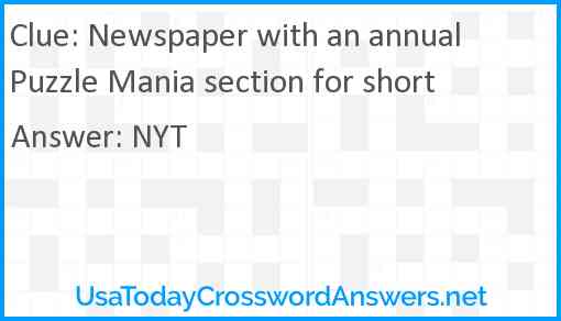 Newspaper with an annual Puzzle Mania section for short Answer
