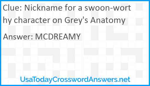 Nickname for a swoon-worthy character on Grey's Anatomy Answer