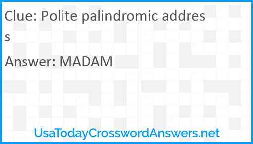 Polite palindromic address Answer