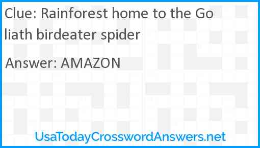 Rainforest home to the Goliath birdeater spider Answer