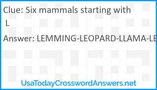 Six mammals starting with L Answer