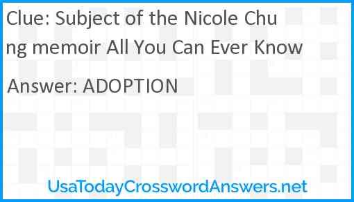 Subject of the Nicole Chung memoir All You Can Ever Know Answer