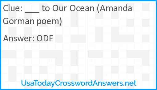 ___ to Our Ocean (Amanda Gorman poem) Answer