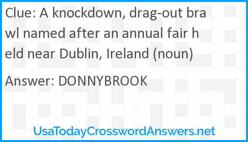 A knockdown, drag-out brawl named after an annual fair held near Dublin, Ireland (noun) Answer
