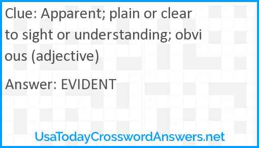 Apparent; plain or clear to sight or understanding; obvious (adjective) Answer