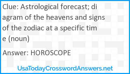 Astrological forecast; diagram of the heavens and signs of the zodiac at a specific time (noun) Answer