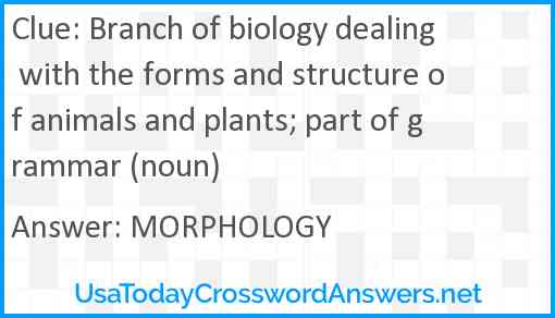 Branch of biology dealing with the forms and structure of animals and plants; part of grammar (noun) Answer