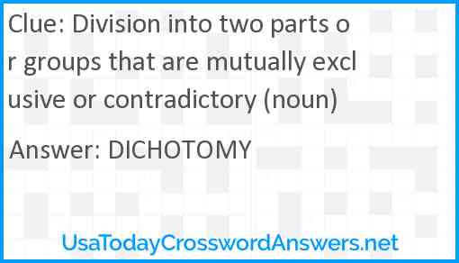 Division into two parts or groups that are mutually exclusive or contradictory (noun) Answer