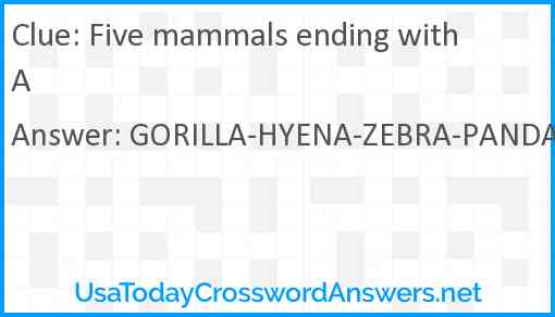 Five mammals ending with A Answer