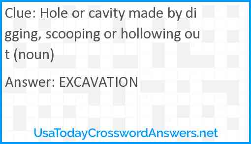 Hole or cavity made by digging, scooping or hollowing out (noun) Answer