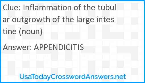 Inflammation of the tubular outgrowth of the large intestine (noun) Answer