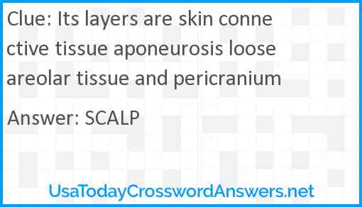 Its layers are skin connective tissue aponeurosis loose areolar tissue and pericranium Answer
