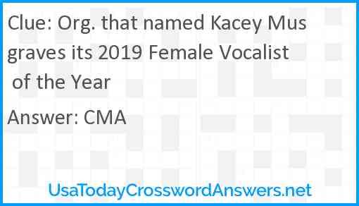 Org. that named Kacey Musgraves its 2019 Female Vocalist of the Year Answer