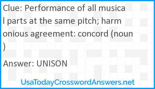 Performance of all musical parts at the same pitch; harmonious agreement: concord (noun) Answer