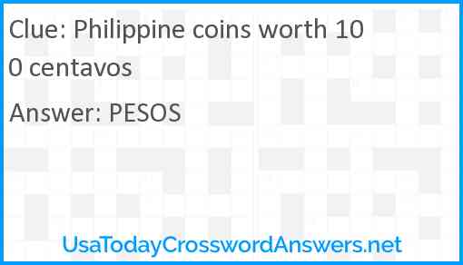 Philippine coins worth 100 centavos Answer