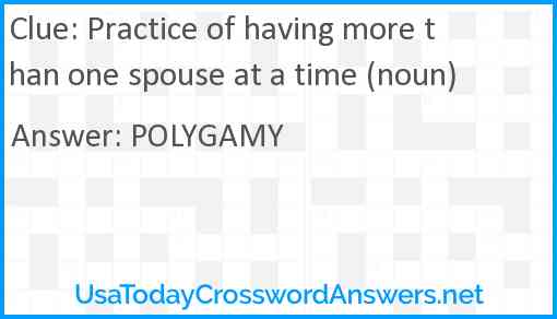 Practice of having more than one spouse at a time (noun) Answer