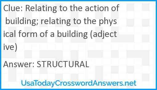Relating to the action of building; relating to the physical form of a building (adjective) Answer