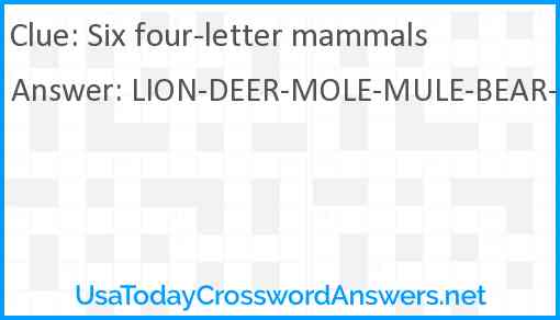 Six four-letter mammals Answer
