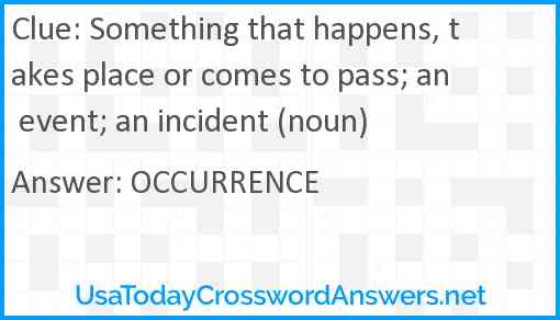 Something that happens, takes place or comes to pass; an event; an incident (noun) Answer
