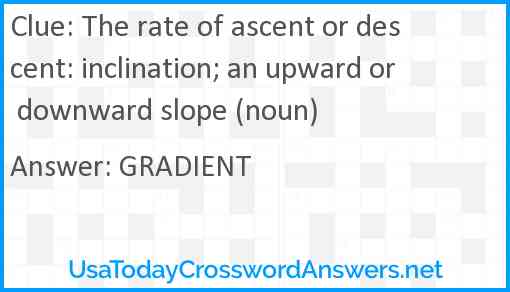The rate of ascent or descent: inclination; an upward or downward slope (noun) Answer