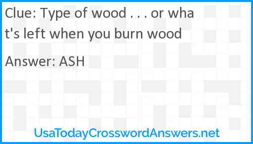 Type of wood . . . or what's left when you burn wood Answer
